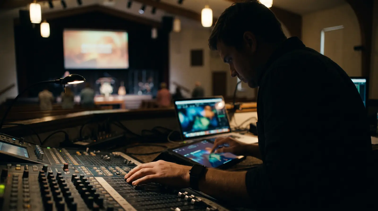 Un operador de multimedia trabaja en la consola de audio en la cabina de la iglesia